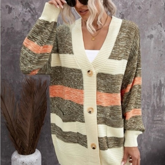 Striped‎ Cardigan Sweater Oversized Size Large Multicolor Button Up - Picture 1 of 9
